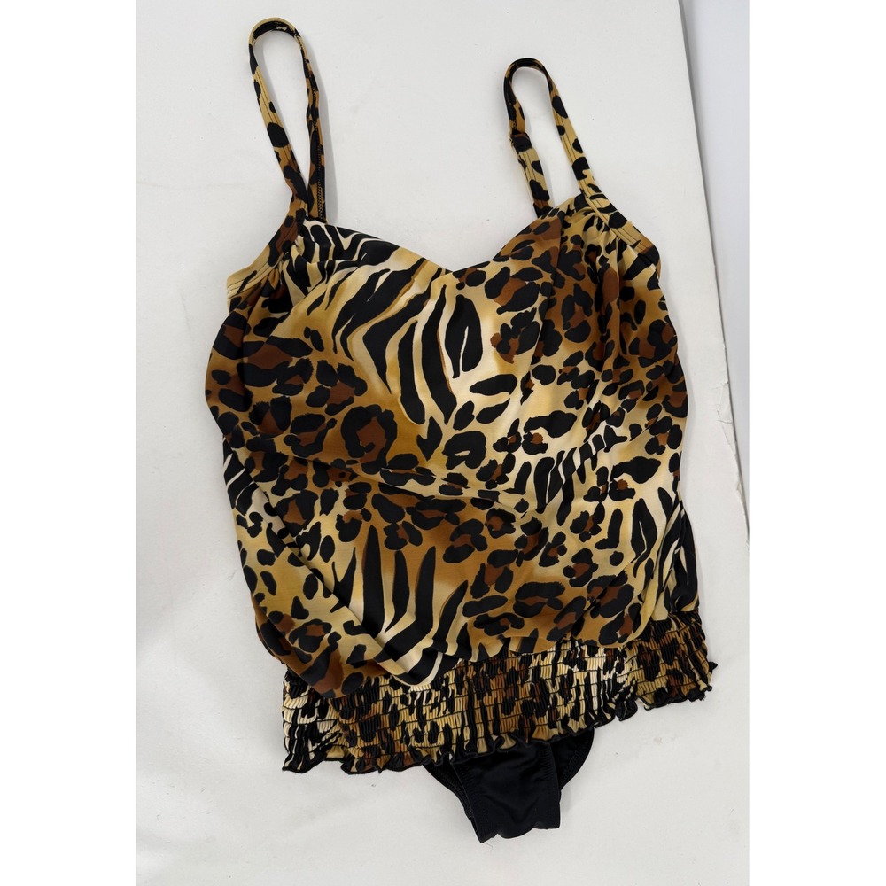 Miraclesuit Womens Animal Print Blouson One Piece Swimsuit Brown Gold Sz 8